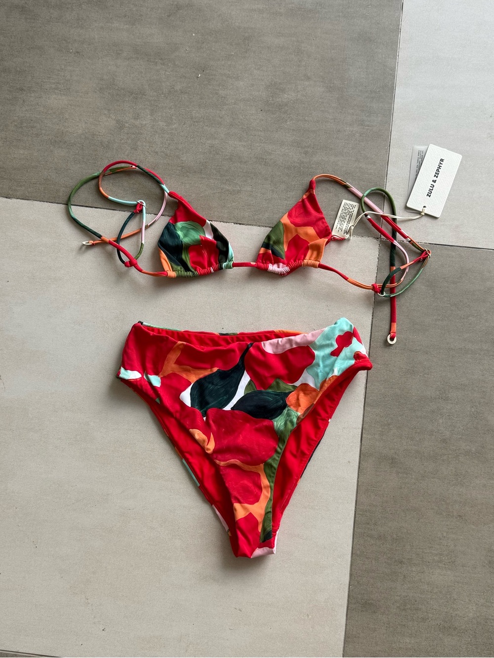 Zulu & Zephyr Red Floral High Waist Bikini Bottom with Tie Top